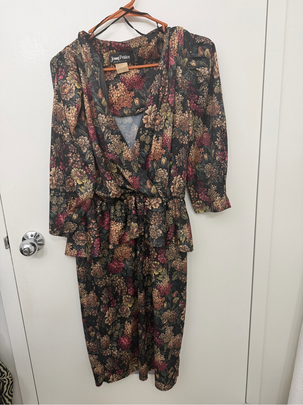 Vintage 80s Size 14 Black Floral Wrap Midi Dress with Peplum Waist